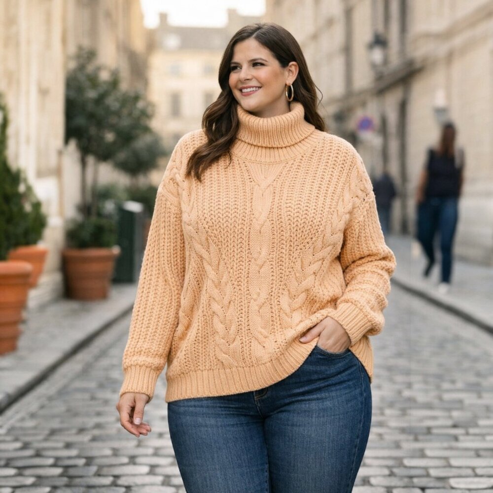 Plus Size Textured Cable Knit Ribbed Hem Turtleneck Sweater 5XL (Fits Smaller)